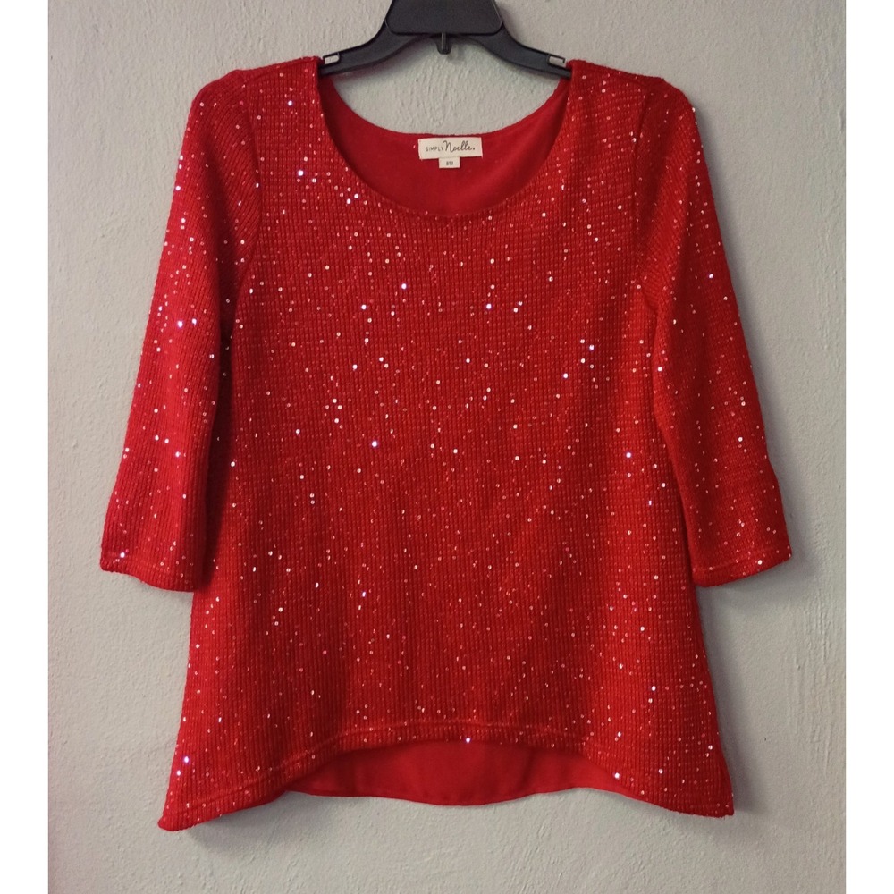 Simply Noelle Sequin Sweater S/M Red Knit Long Sleeve Open‎ Back Christmas Party